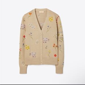 Tory Burch Floral Embroidered Cardigan in Tan